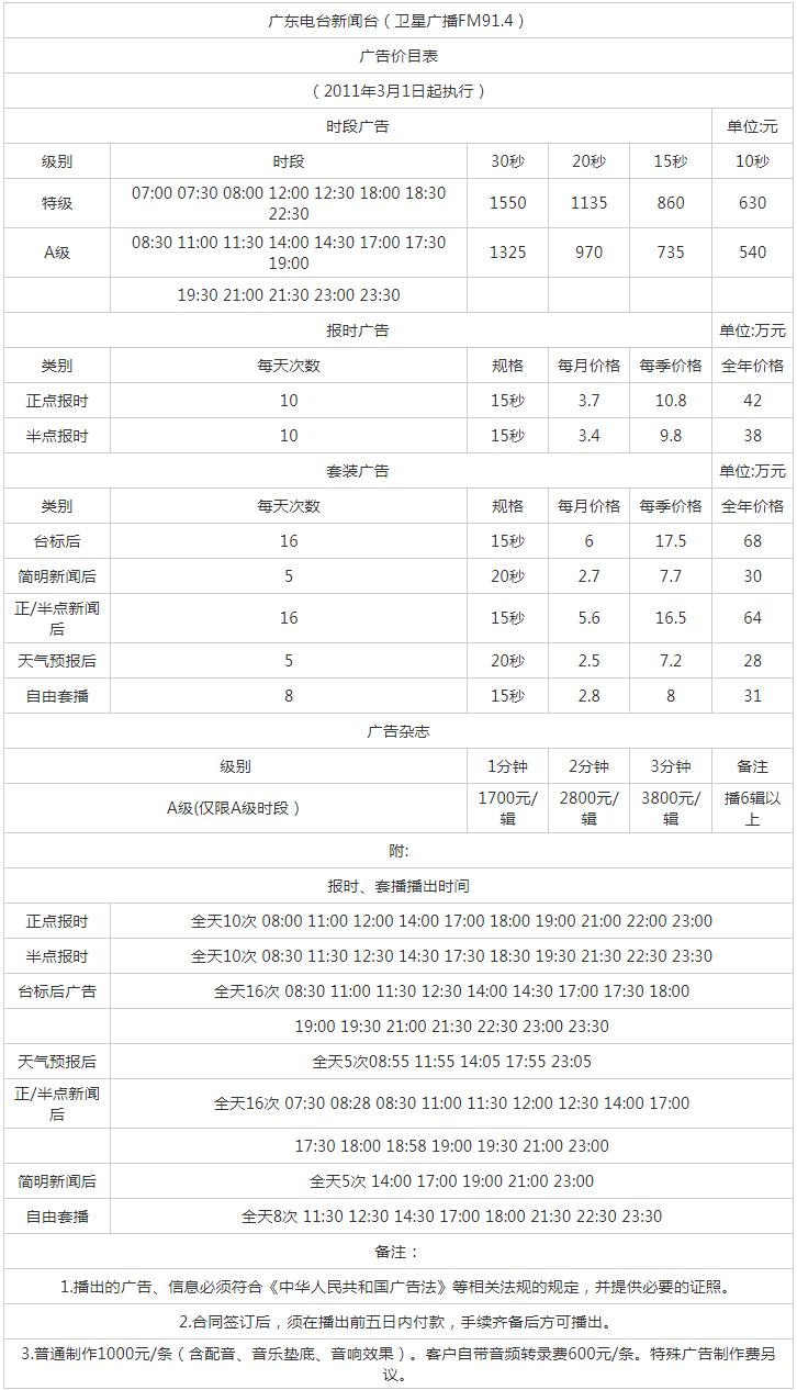 2011广东人民广播电台新闻广播 FM91.4广告报价表.png