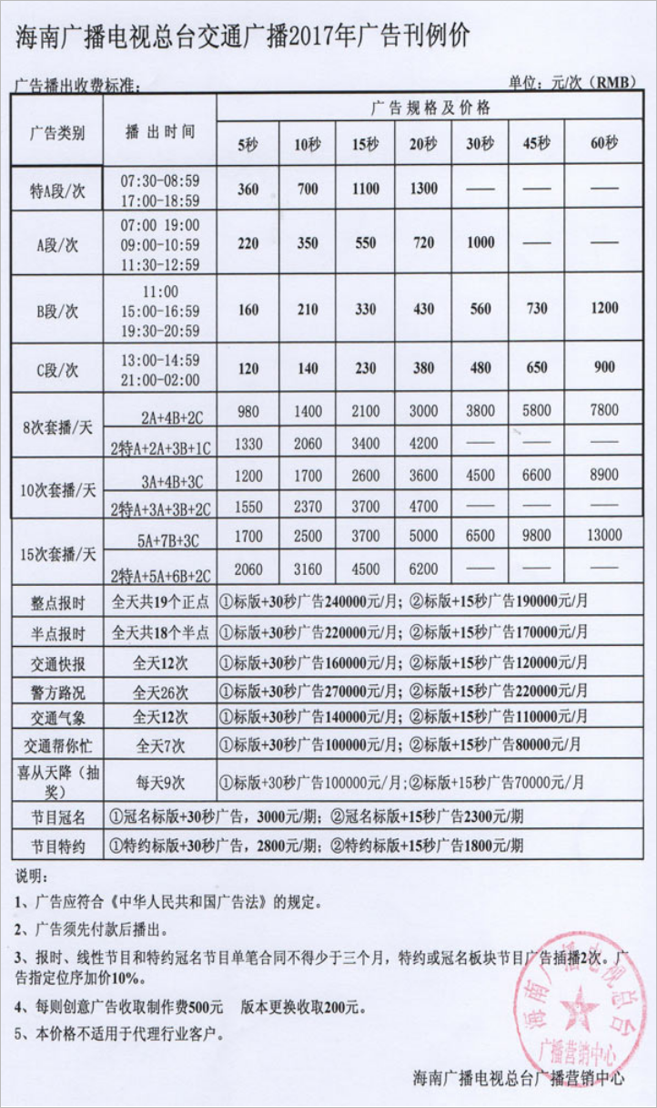 2017海南人民广播电台交通广播 FM100广告报价表.png