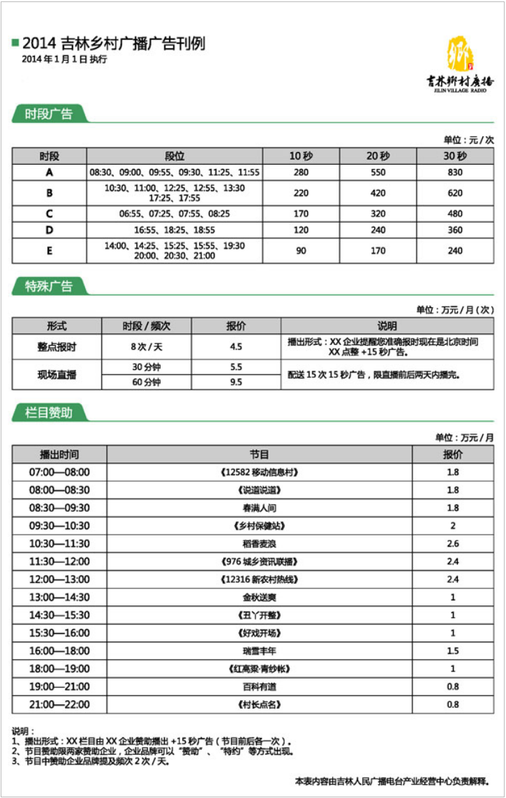 2014吉林人民广播电台乡村广播 FM97.6广告报价表.png